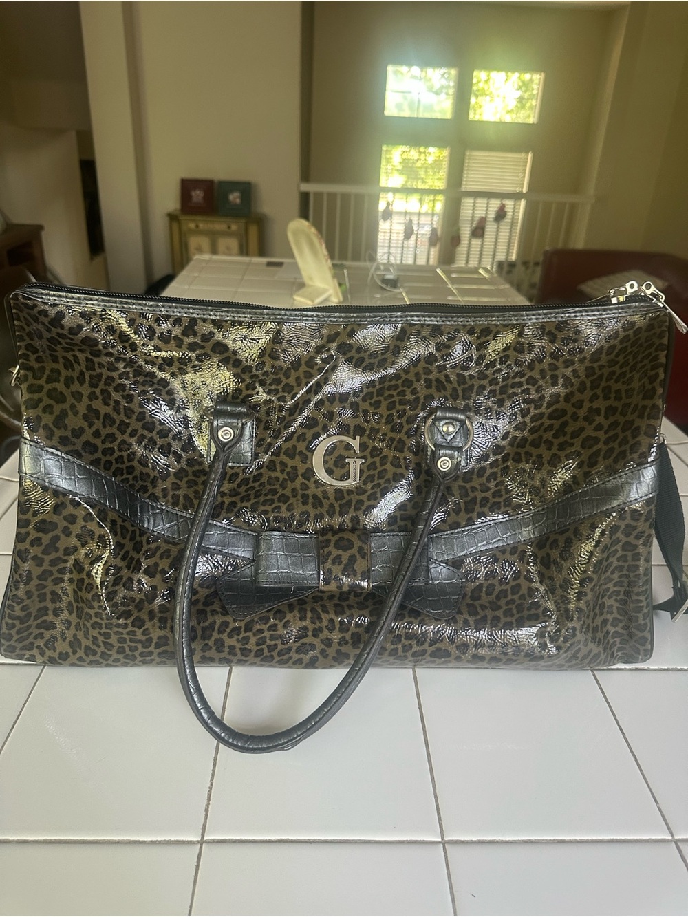 Guess Leopard Print Patent Satchel Handbag - Black/Brown